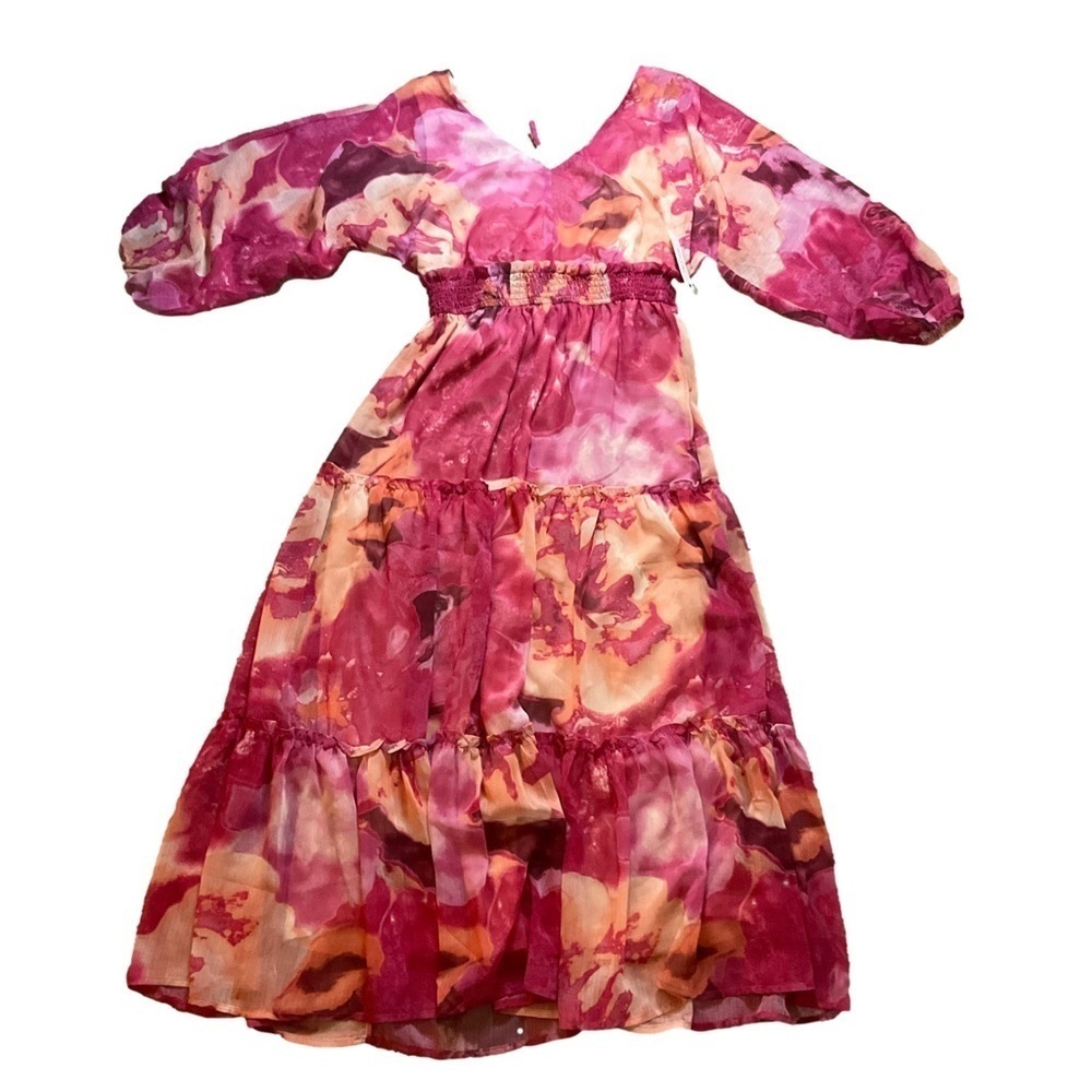 Mila Mae XS Floral Tiered Maxi Sundress Pink Purple Bishop Sleeves V-Neck NWT